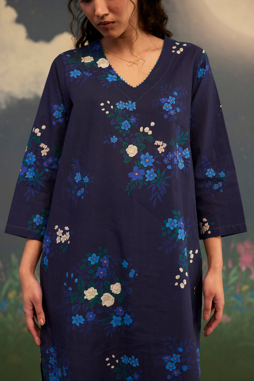 Blue Morning Glory Short Kurta Set V Neck Cotton