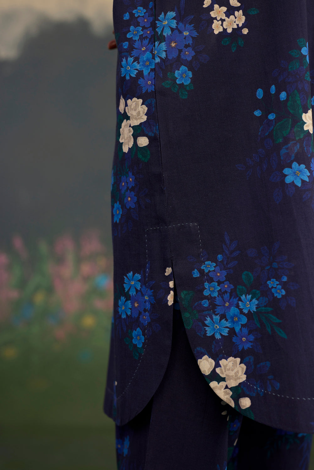 Blue Morning Glory Short Kurta Set V Neck Cotton