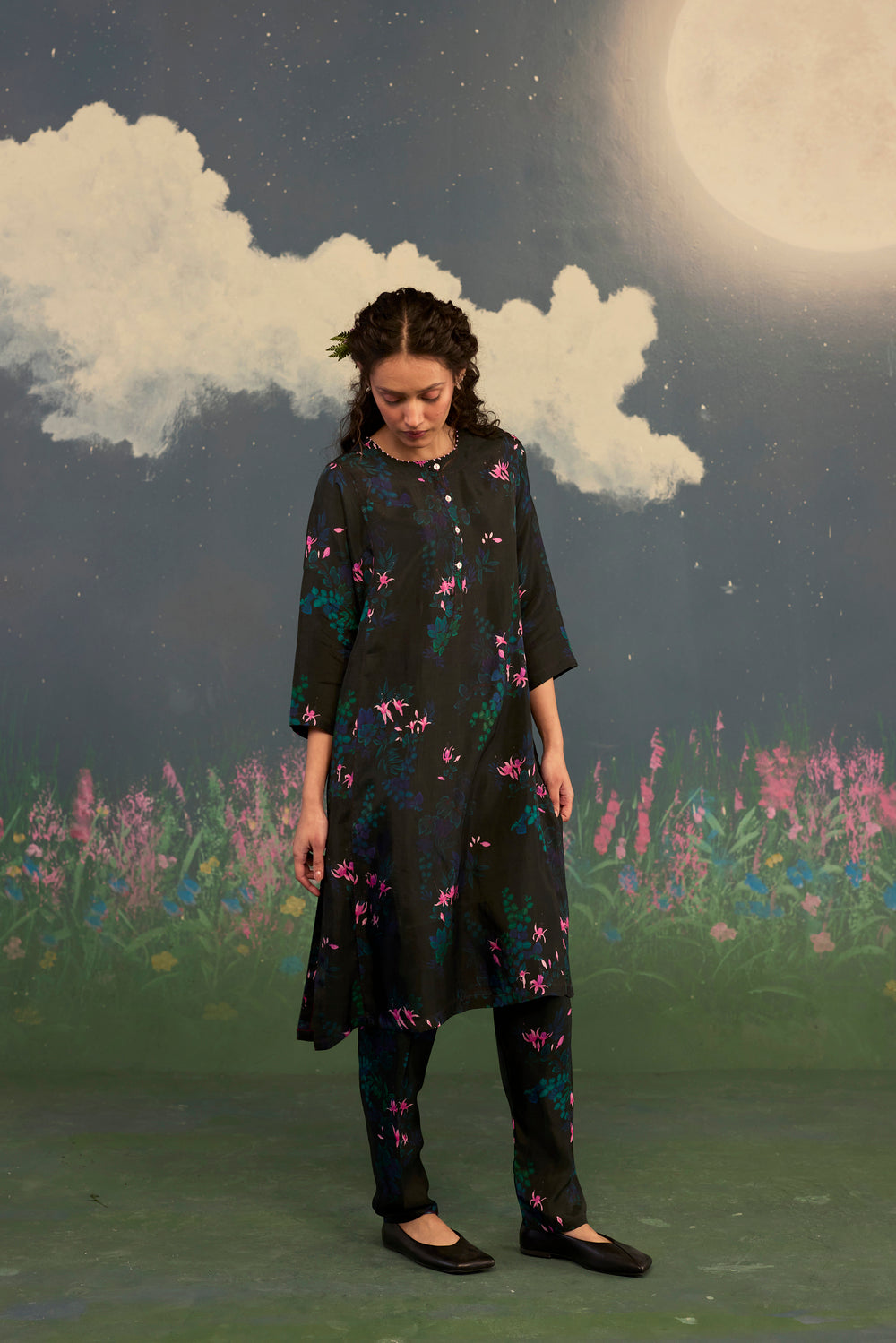 Fuchsia Panelled Mid Kurta Set Bamboo Silk