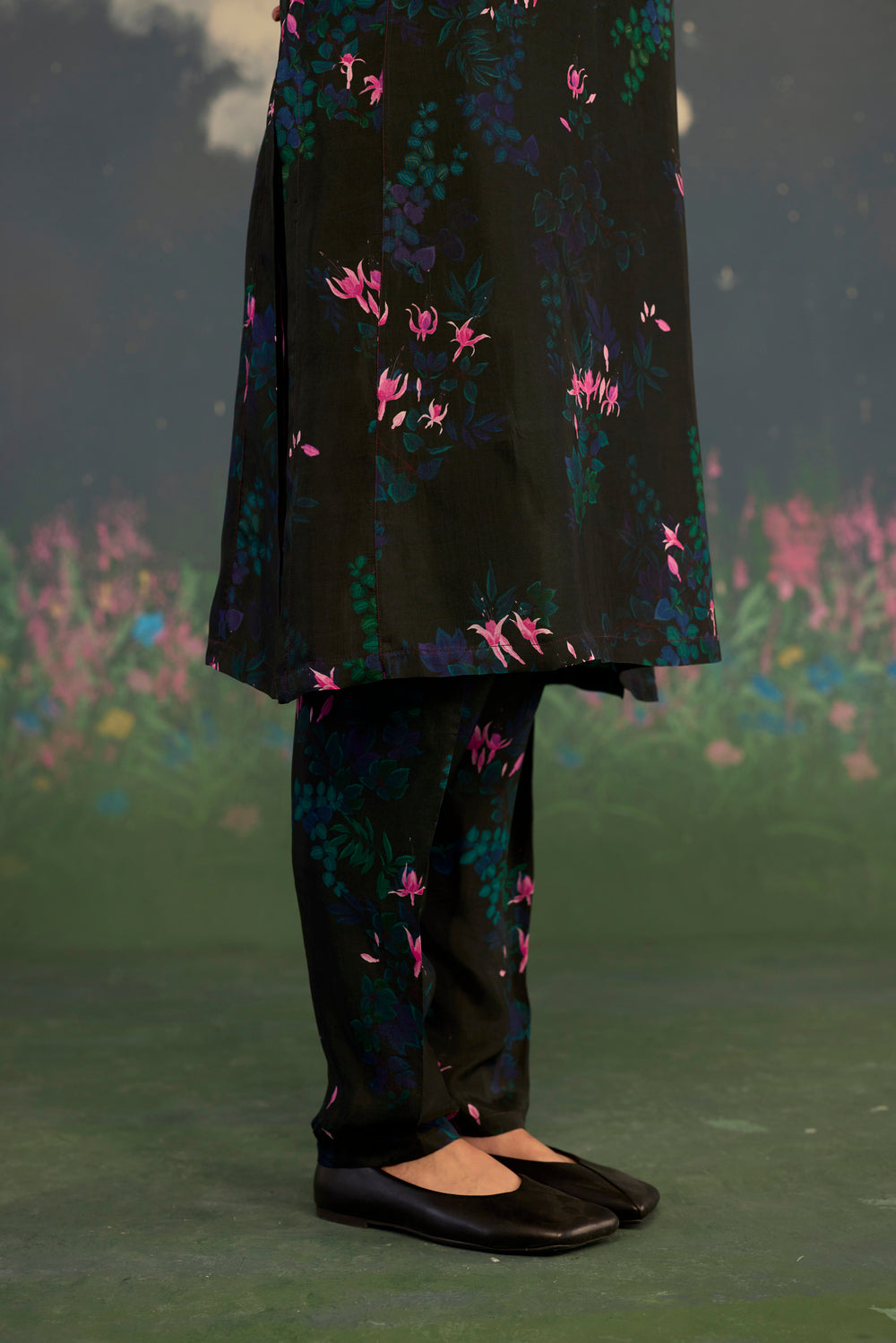 Fuchsia Panelled Mid Kurta Set Bamboo Silk