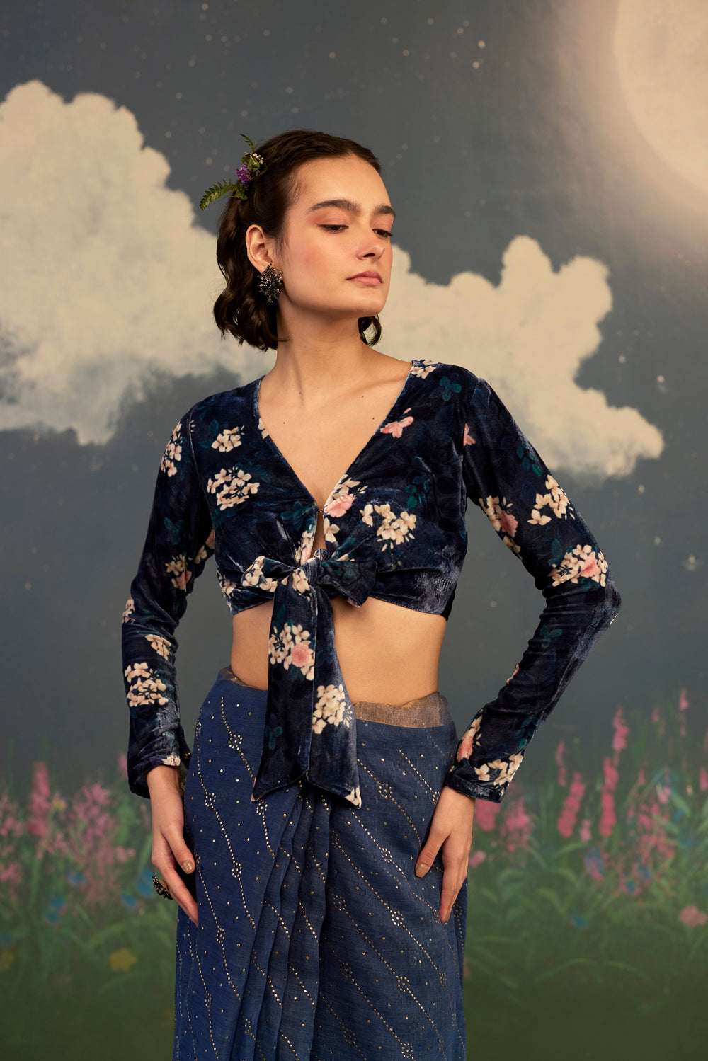 Moonlit Rose V-neck Velvet Blouse