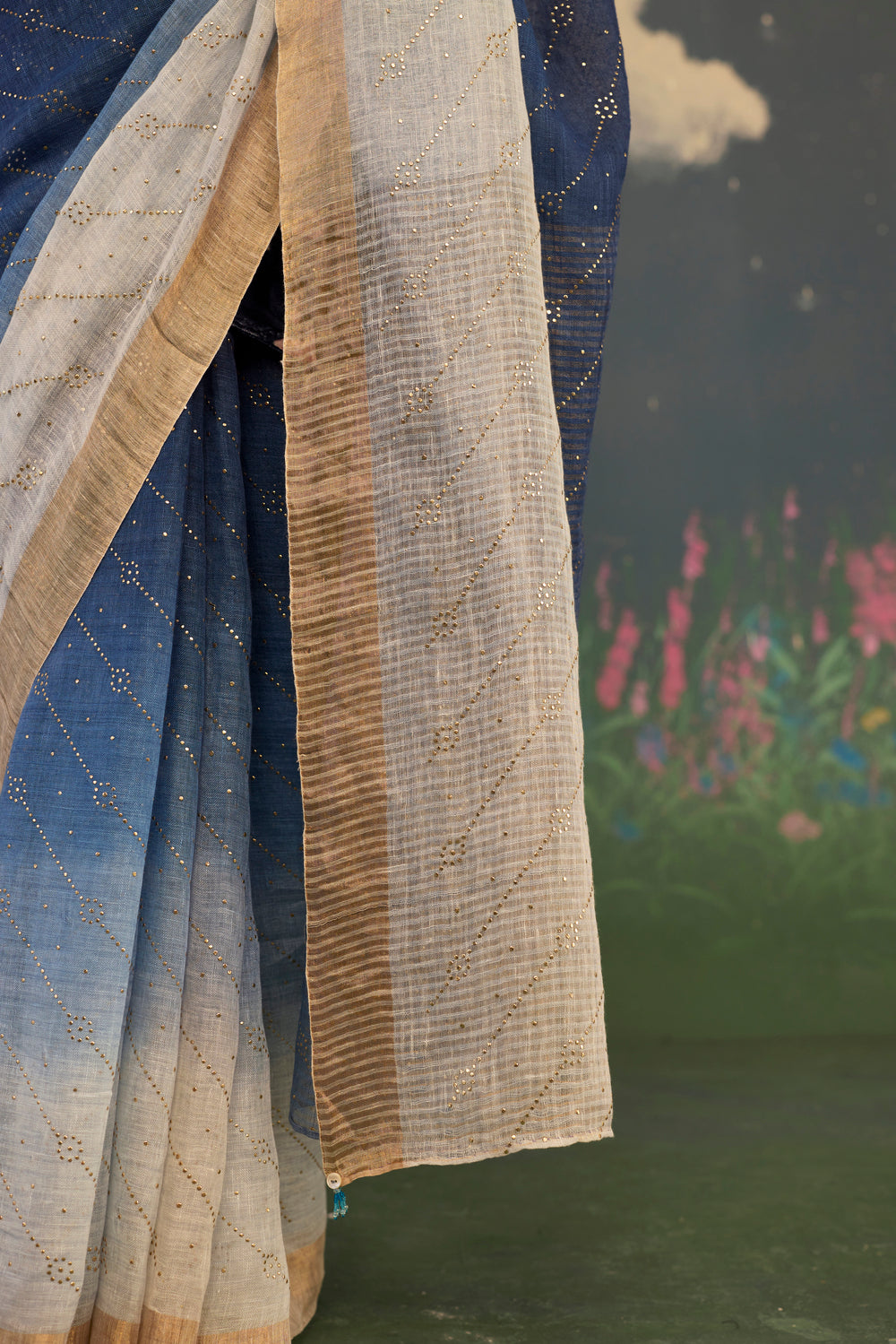 Midnight Ombre Linen Sari with Gold Dots