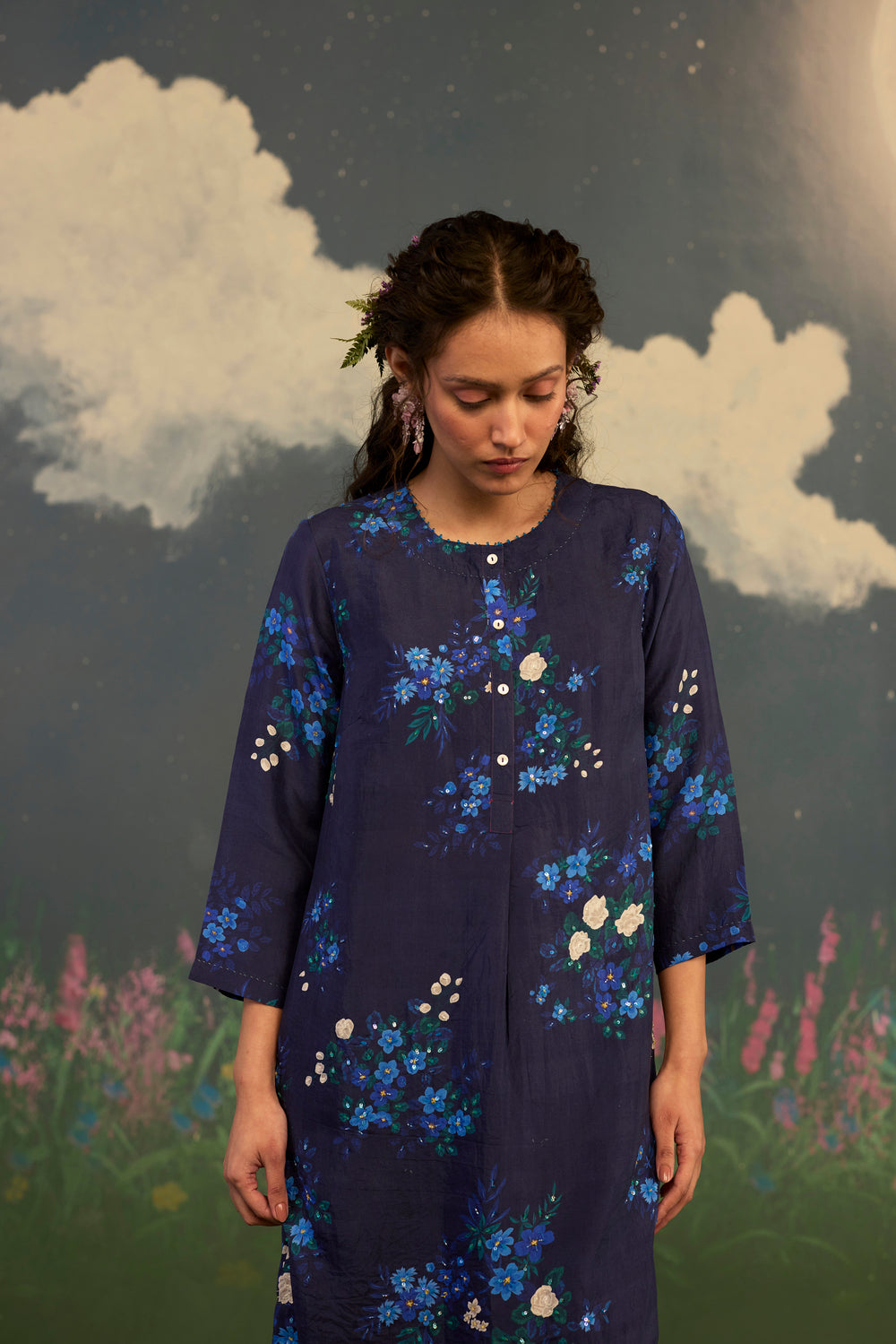 Blue Morning Glory Mulberry Silk Long Kurta Set