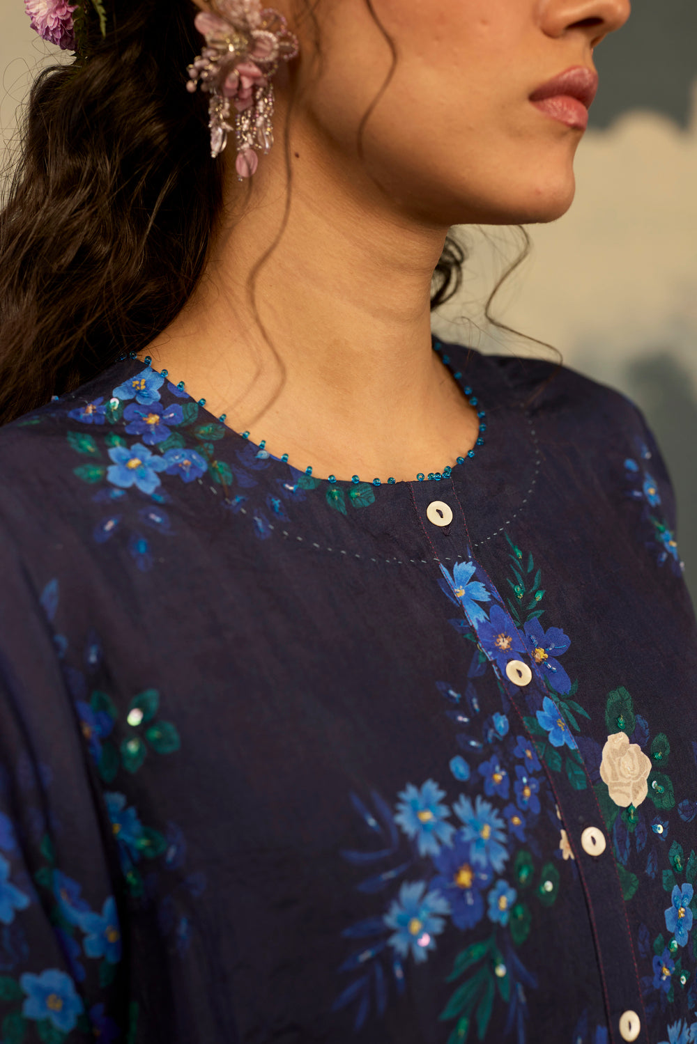 Blue Morning Glory Mulberry Silk Long Kurta Set