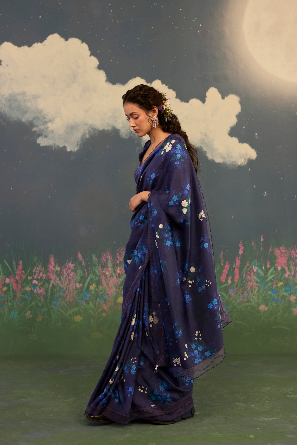 Blue Morning Glory Mulberry Silk Sari