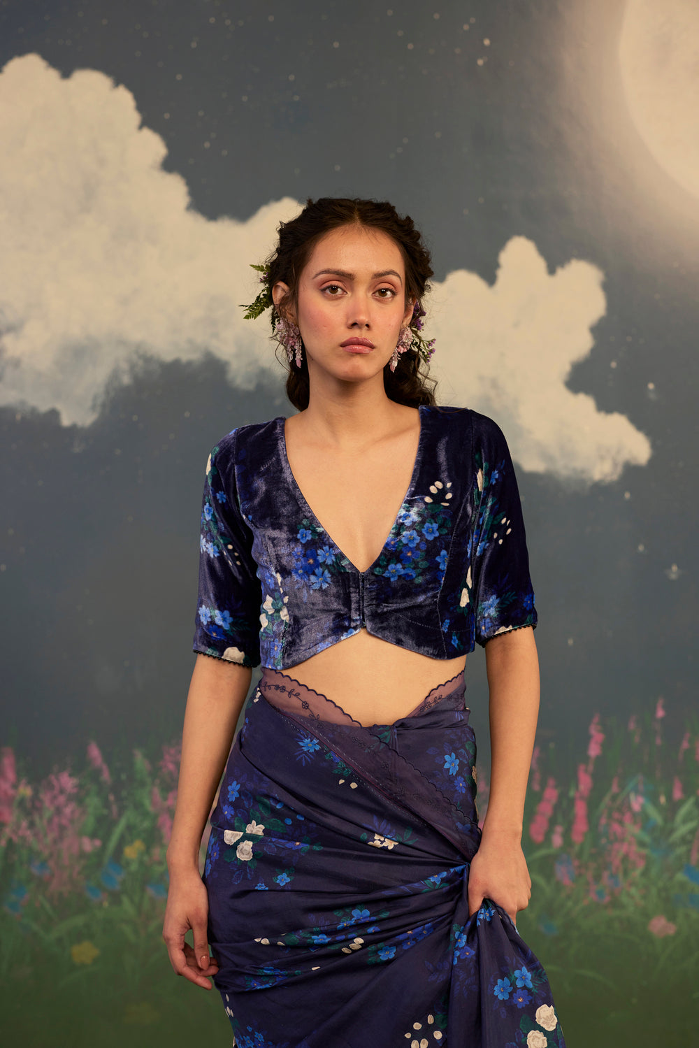 Blue Morning Glory Deep V-neck Velvet Blouse With Sleeves