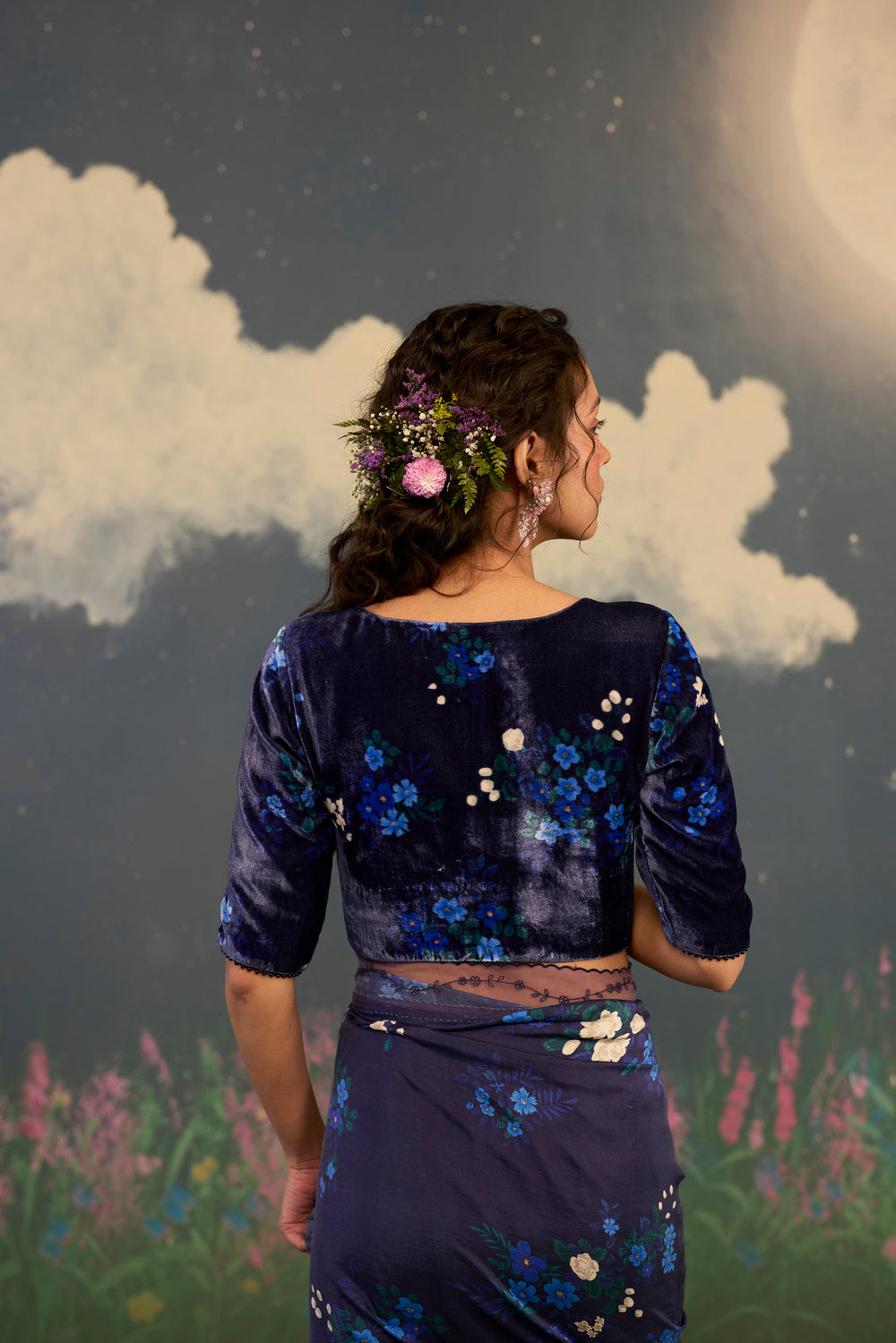 Blue Morning Glory Deep V-neck Velvet Blouse With Sleeves