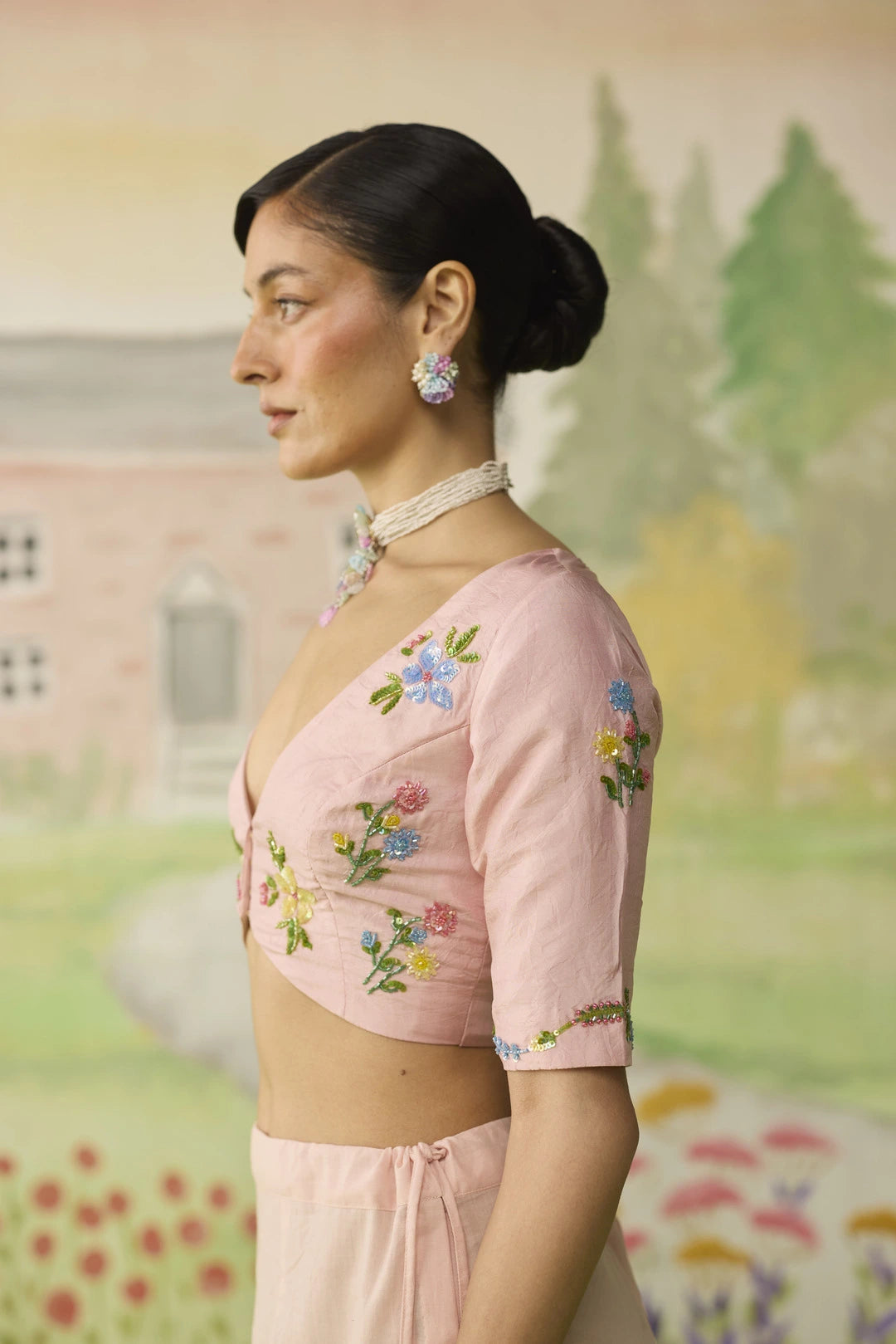 Rose water Blouse Deep V Sleeves