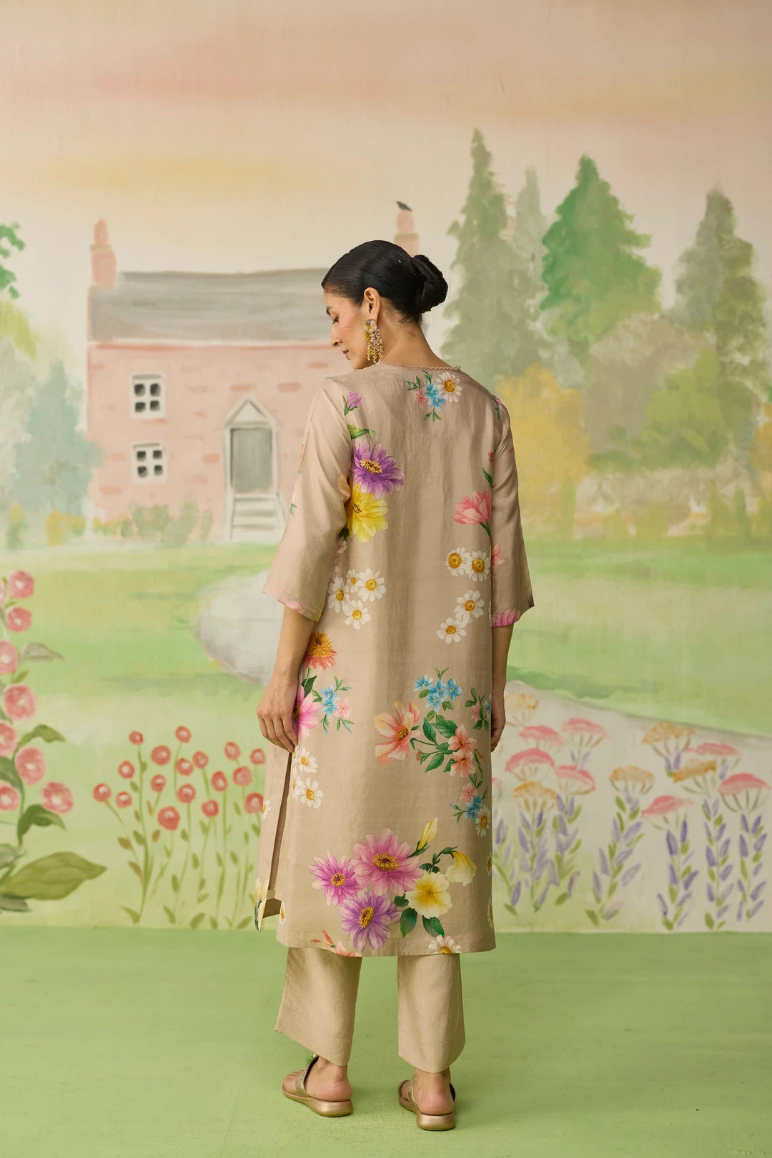 Sand Brown Daisy Long Kurta Set Muberry Silk