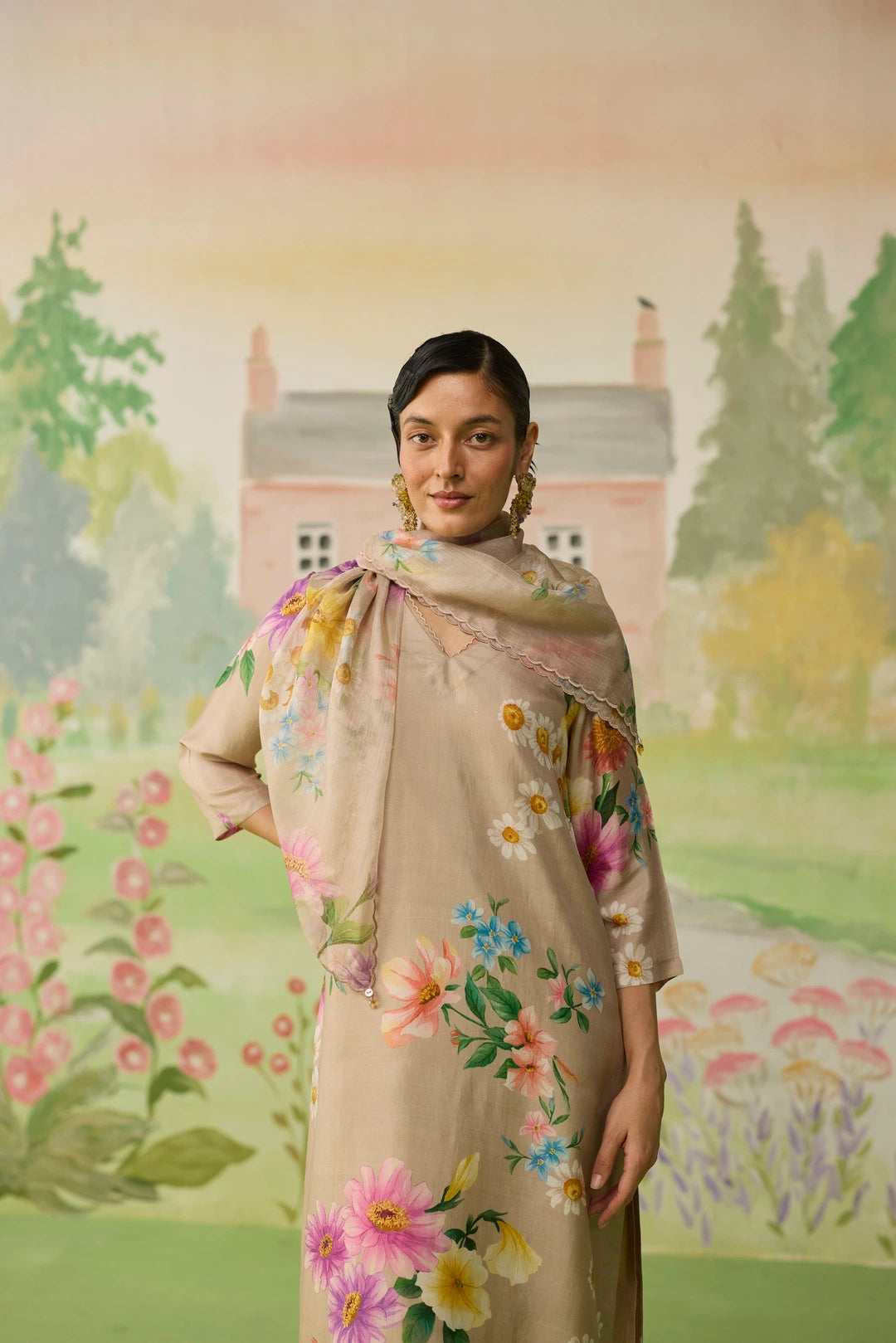 Brown Daisy Kota Doria Silk Scarf