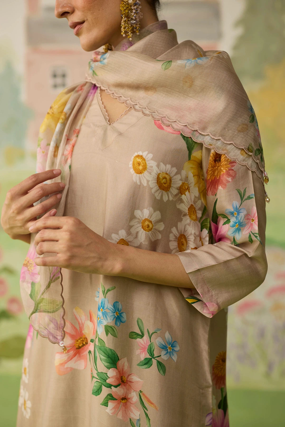 Brown Daisy Kota Doria Silk Scarf