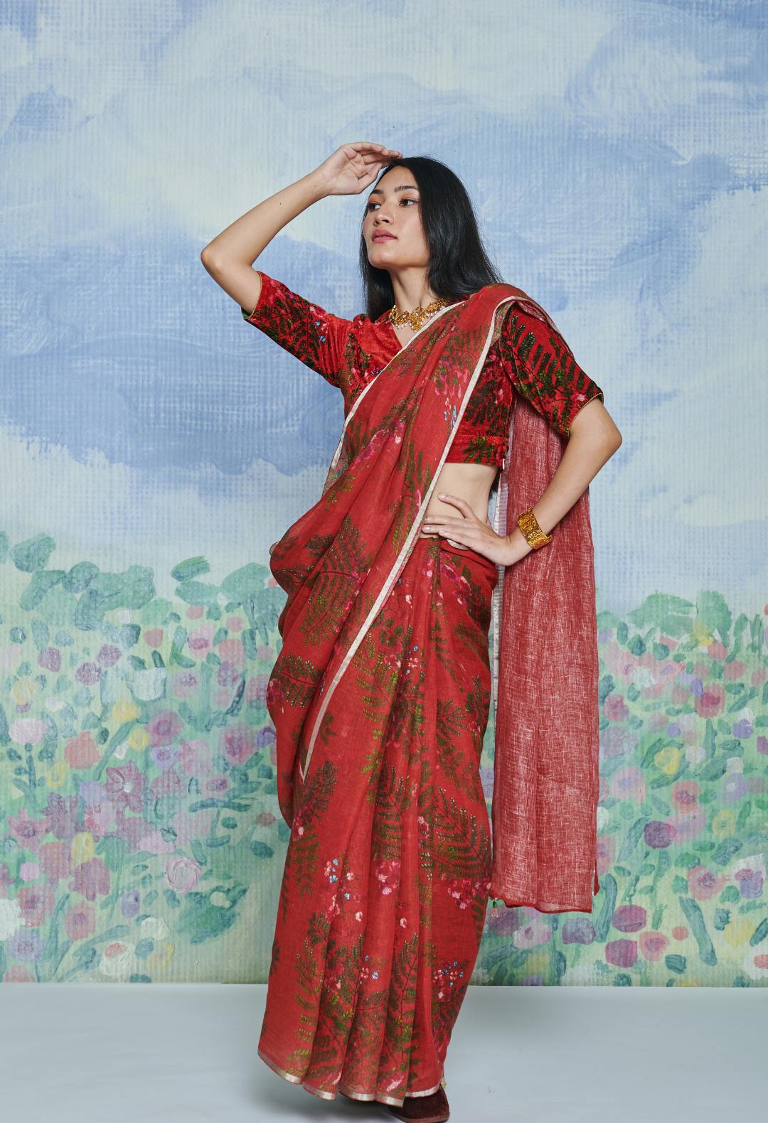 Gulmohar Laal Linen Sari