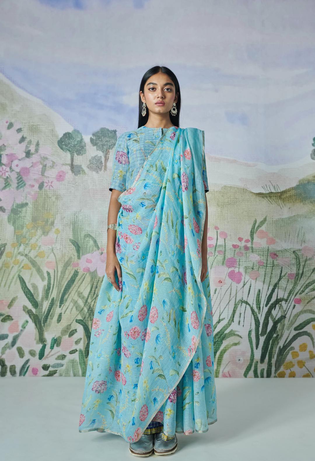 Blue Poppy Linen Sari