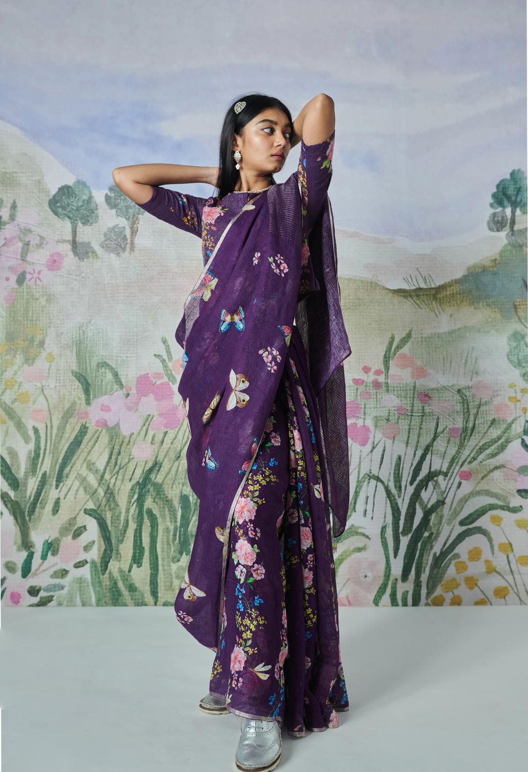 Field Of Butterfly Linen Sari