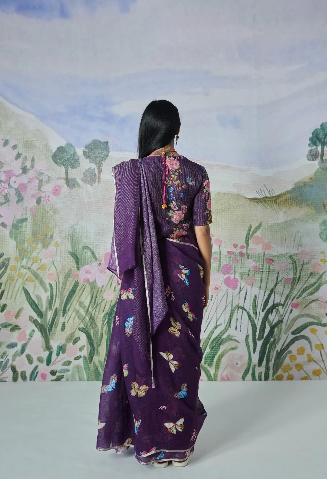 Field Of Butterfly Linen Sari