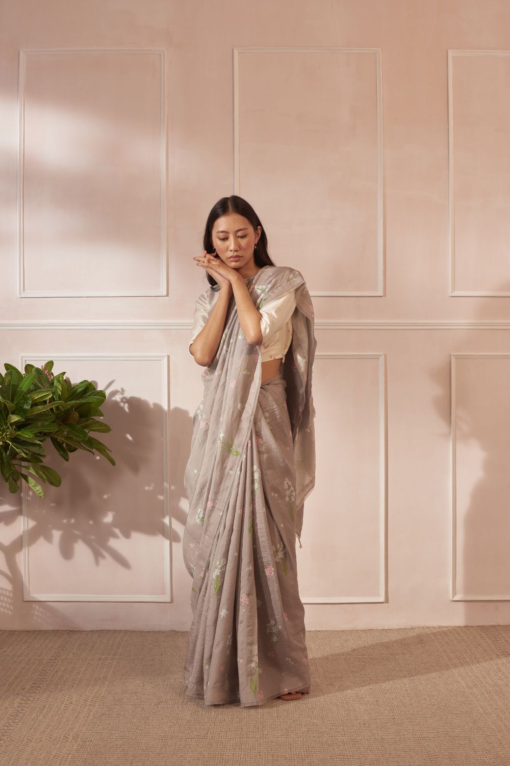 Parijaat and Periwinkle Mulberry Silk Sari