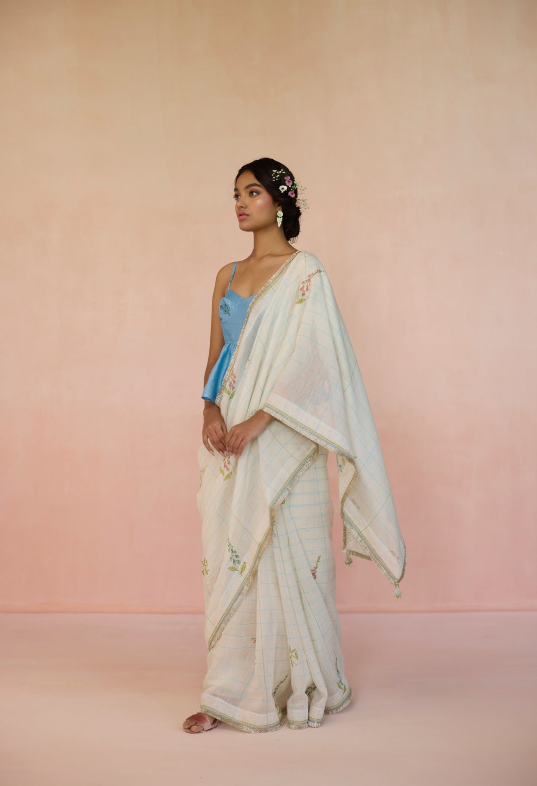 Foxglove Silk and Cotton Check Sari