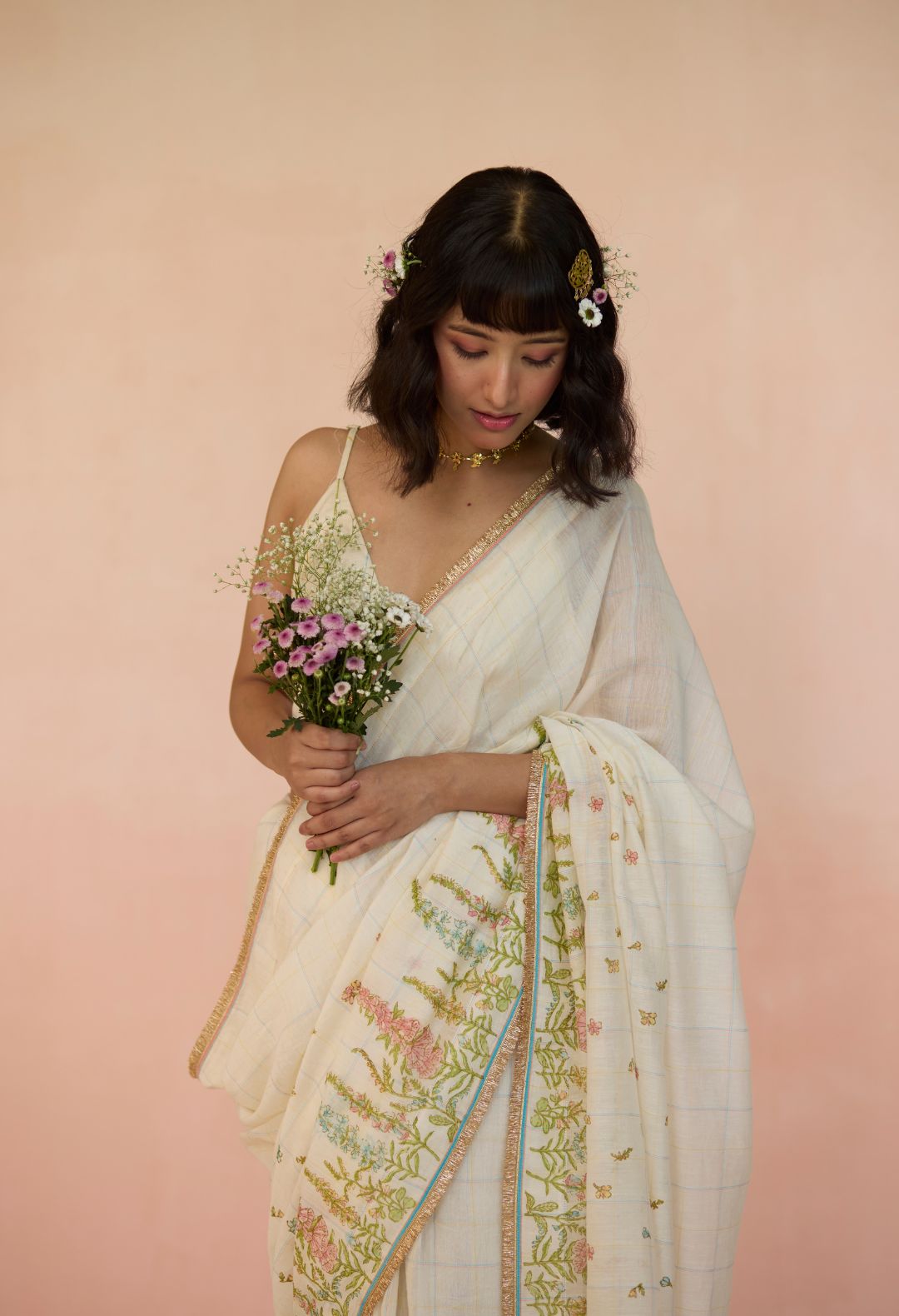 HollyHock Silk and Cotton Check Sari