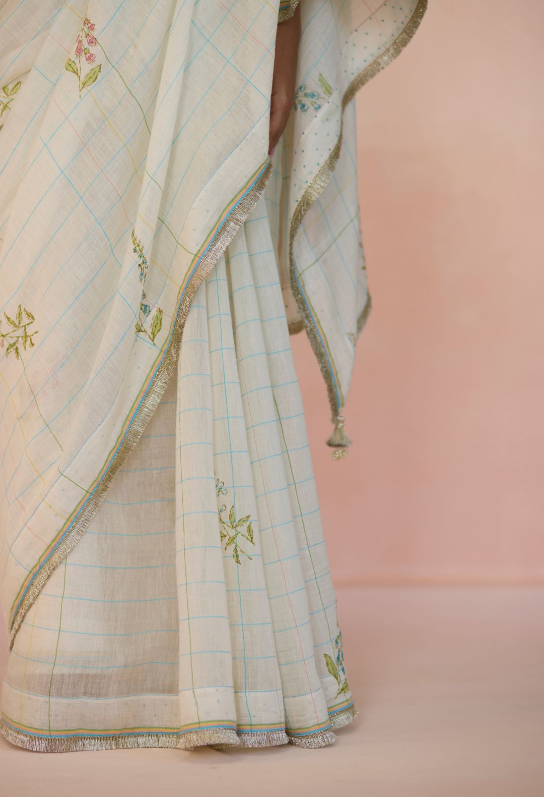 Foxglove Silk and Cotton Check Sari