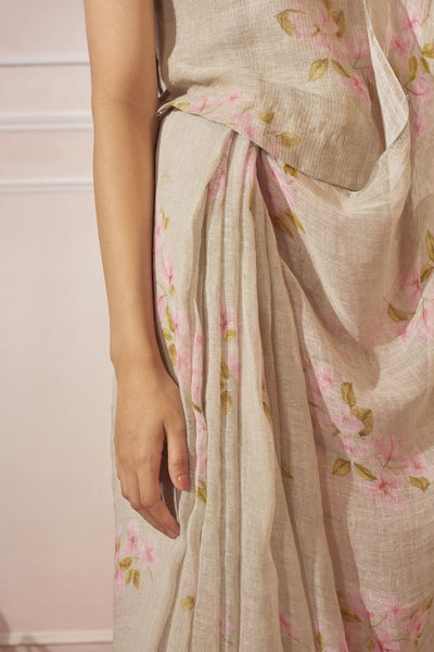 Bougainvillea Warm  Green Linen Sari