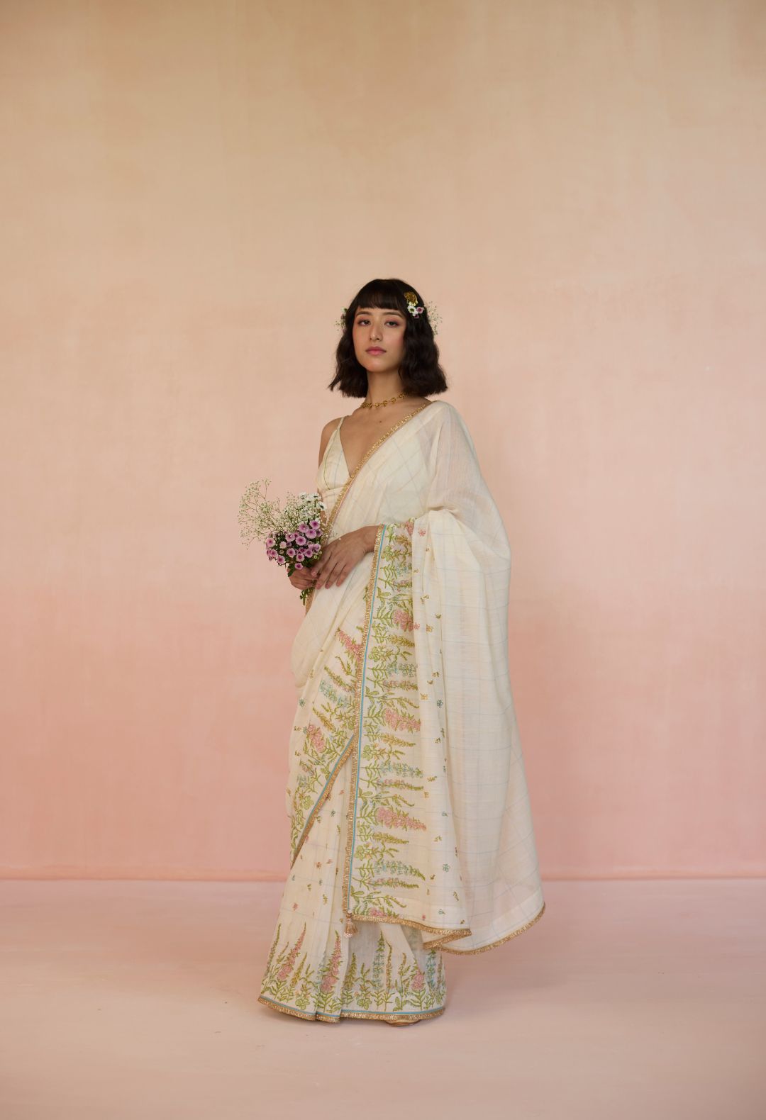 HollyHock Silk and Cotton Check Sari