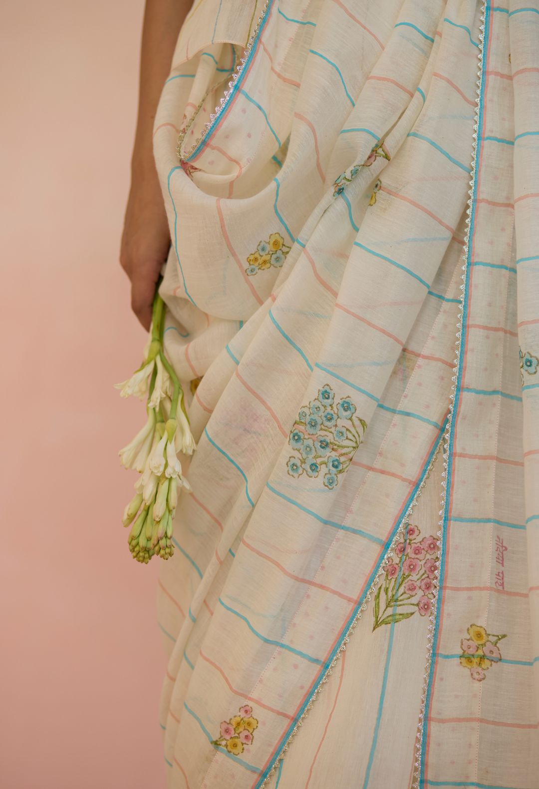 Ditsy Silk and Cotton Stripe Sari