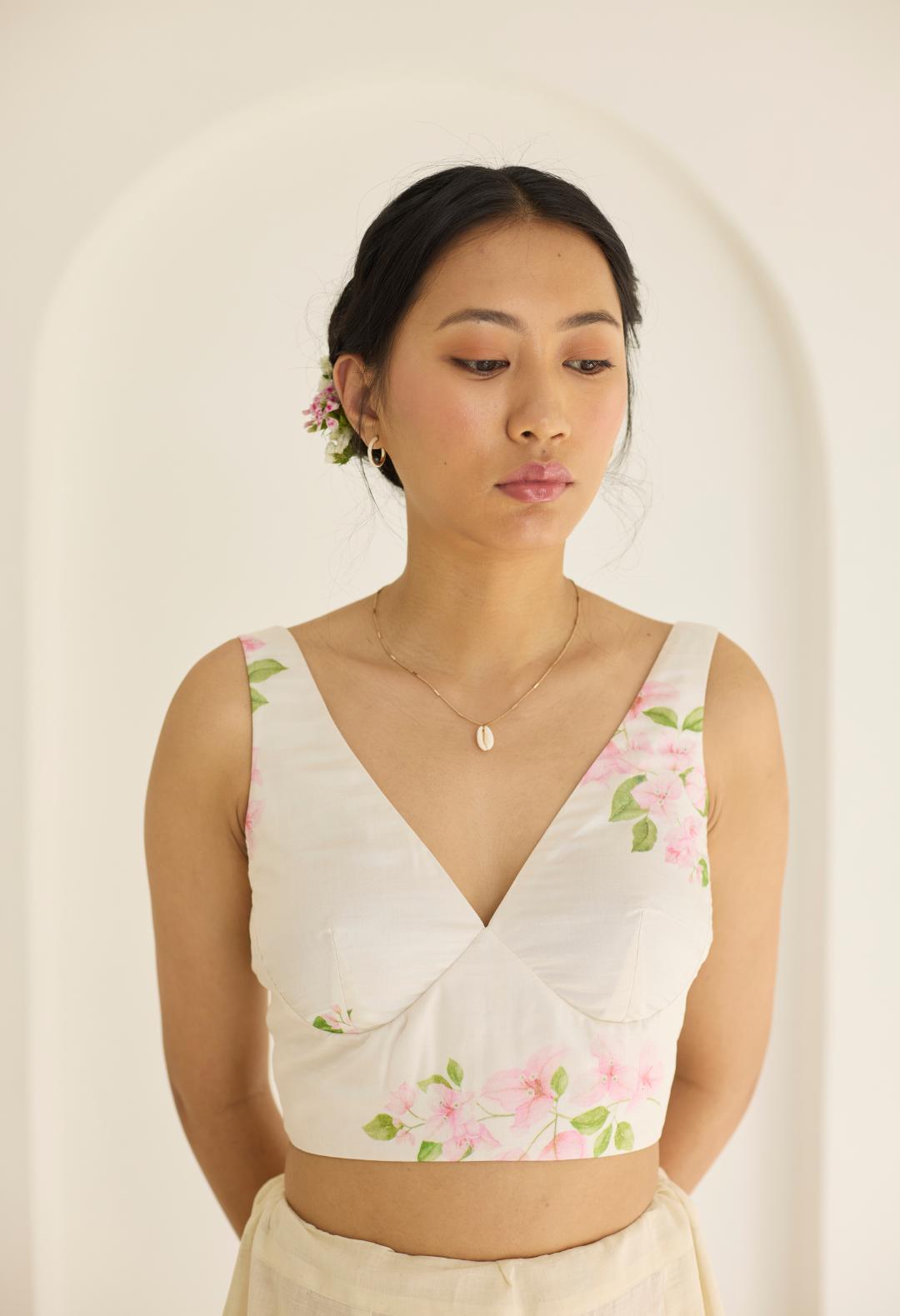 Deep v-neck padded Bougainvillea Mulberry Silk Blouse