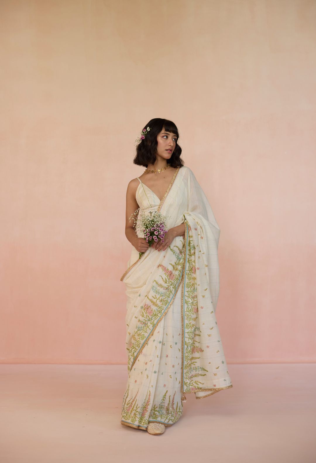 HollyHock Silk and Cotton Check Sari