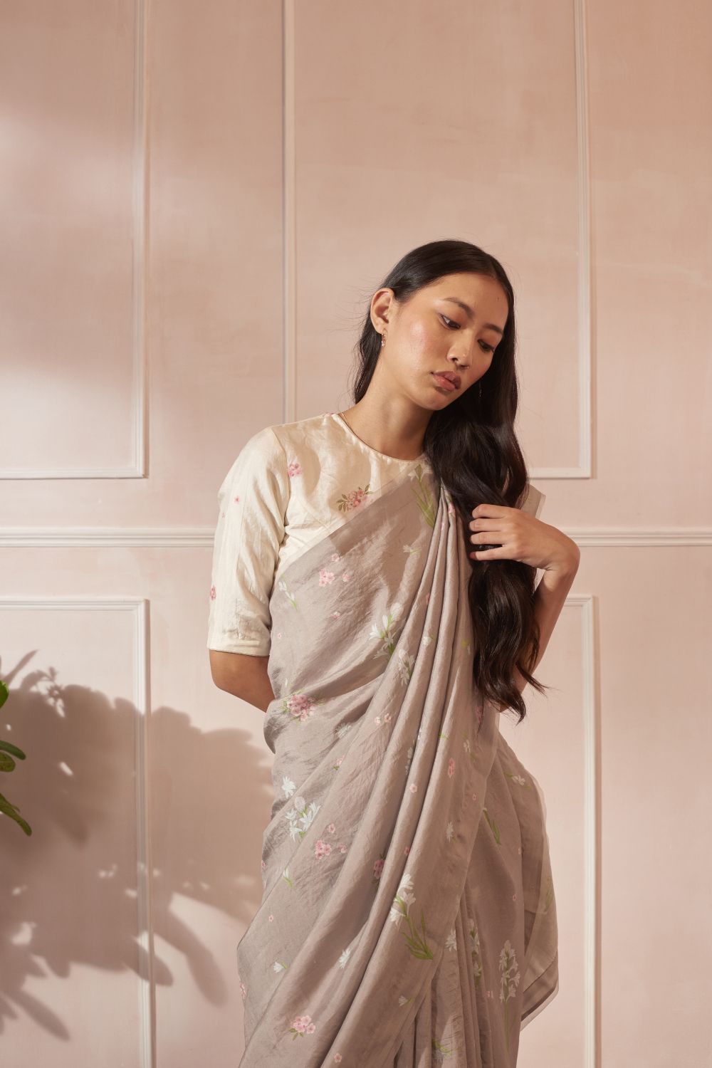 Parijaat and Periwinkle Mulberry Silk Sari