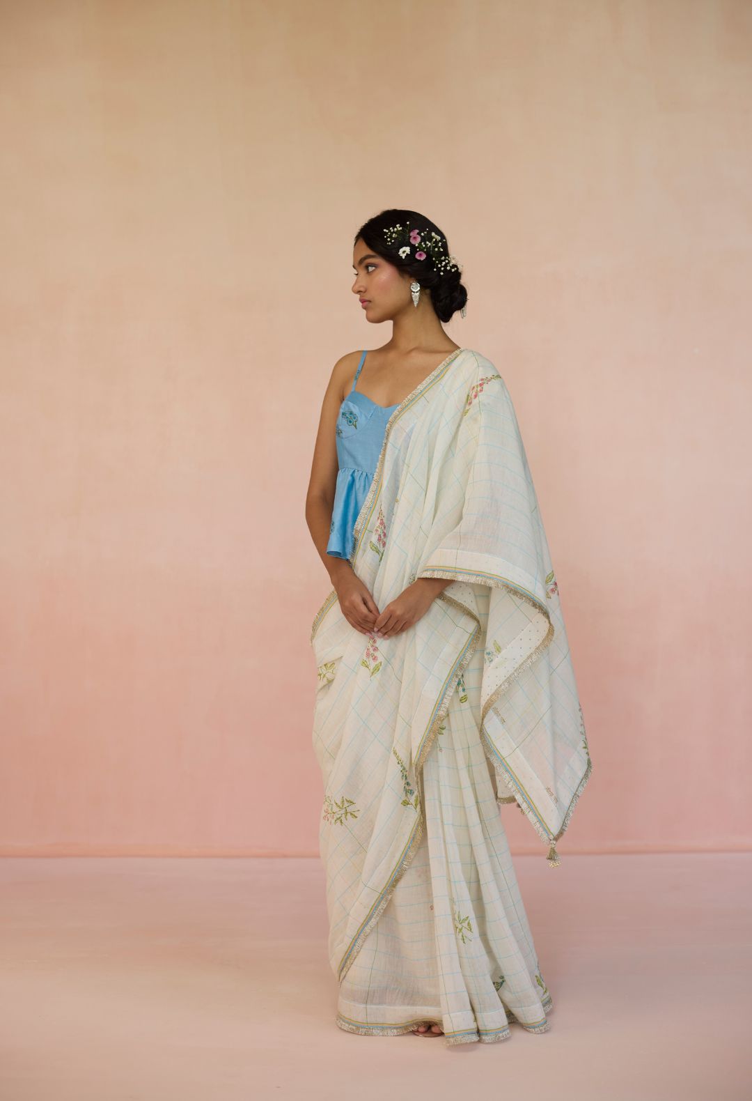 Foxglove Silk and Cotton Check Sari