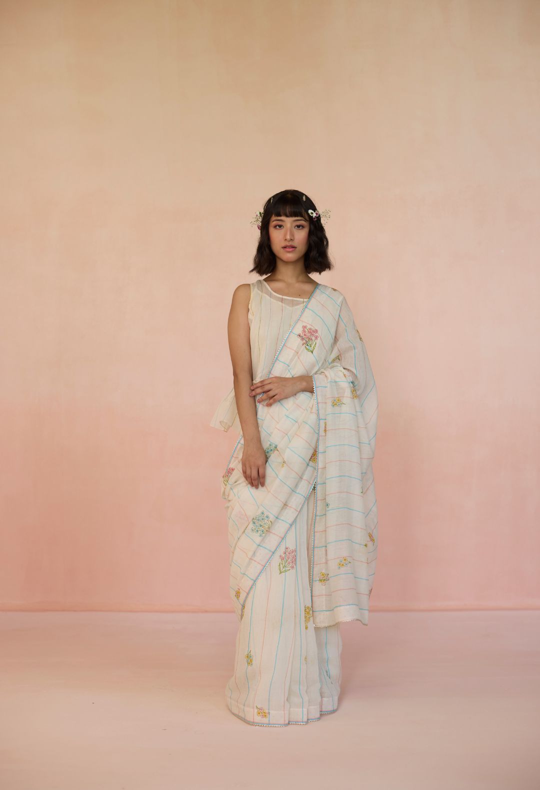 Ditsy Silk and Cotton Stripe Sari