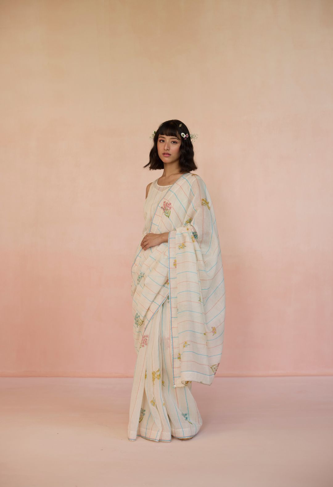 Ditsy Silk and Cotton Stripe Sari