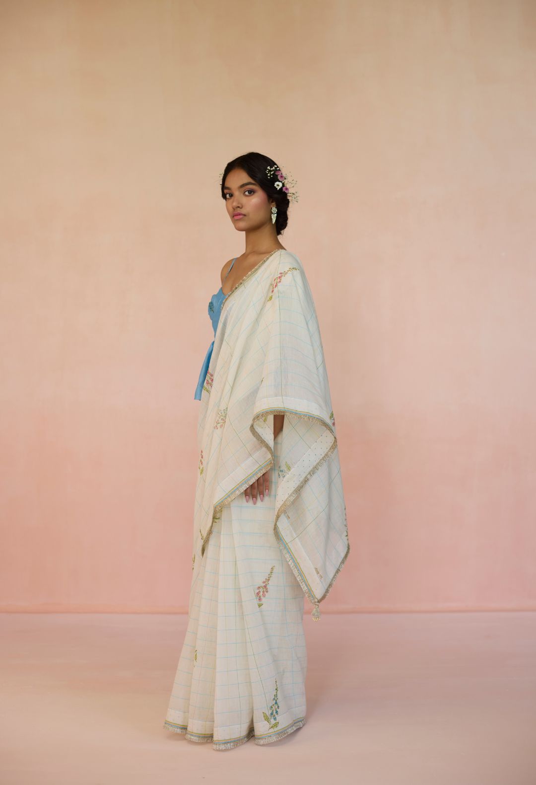 Foxglove Silk and Cotton Check Sari