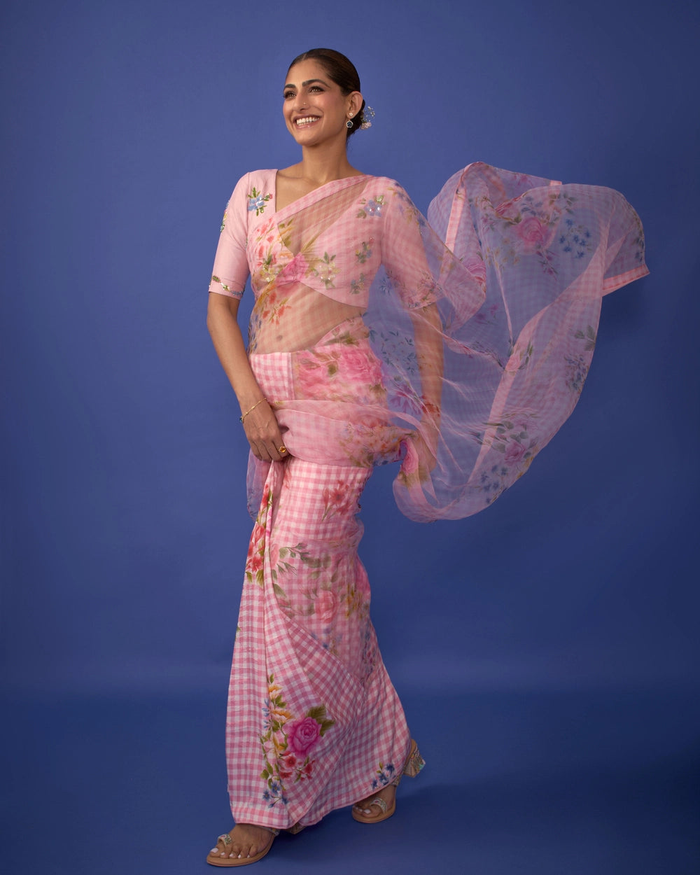 Kubbra Sait in Wild Rose Mulberry Silk and Silk Organza Sari