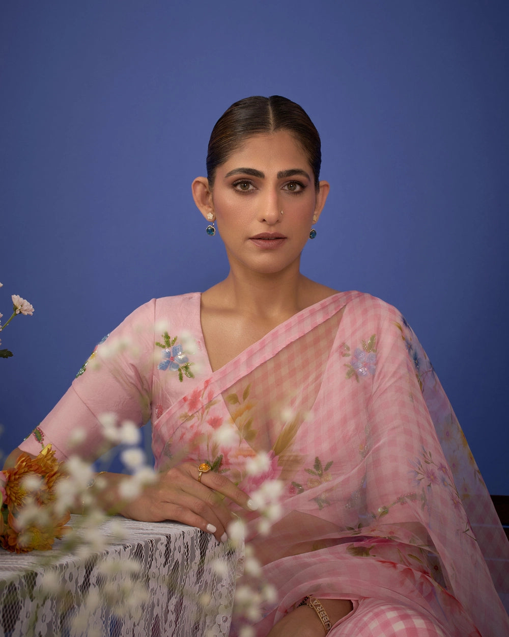 Kubbra Sait in Wild Rose Mulberry Silk and Silk Organza Sari
