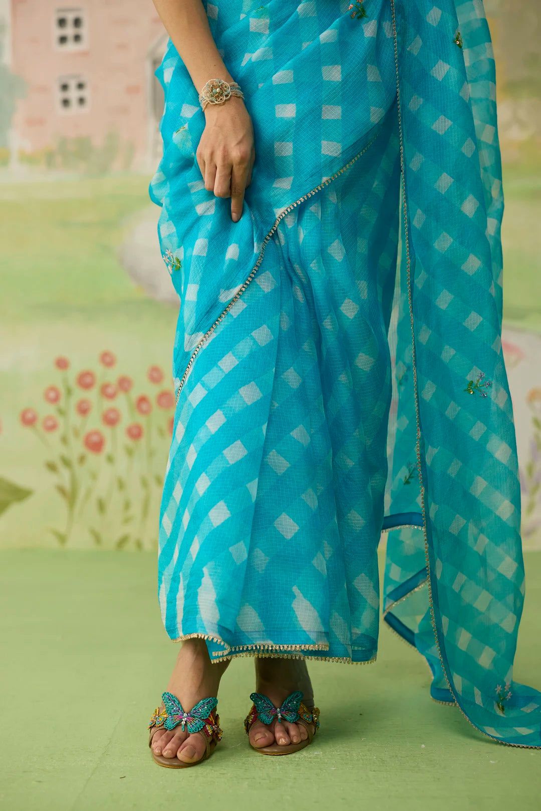 Trellis Blue Kota Doria Silk Lehriya Mothra Sari