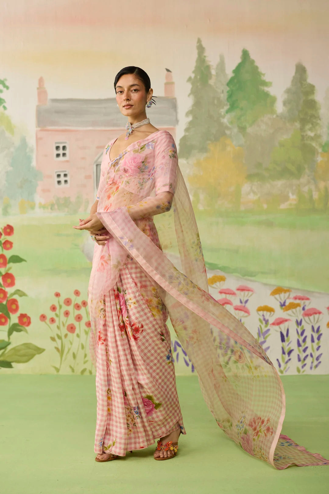 Wild Rose Mulberry Silk and Silk Organza Sari