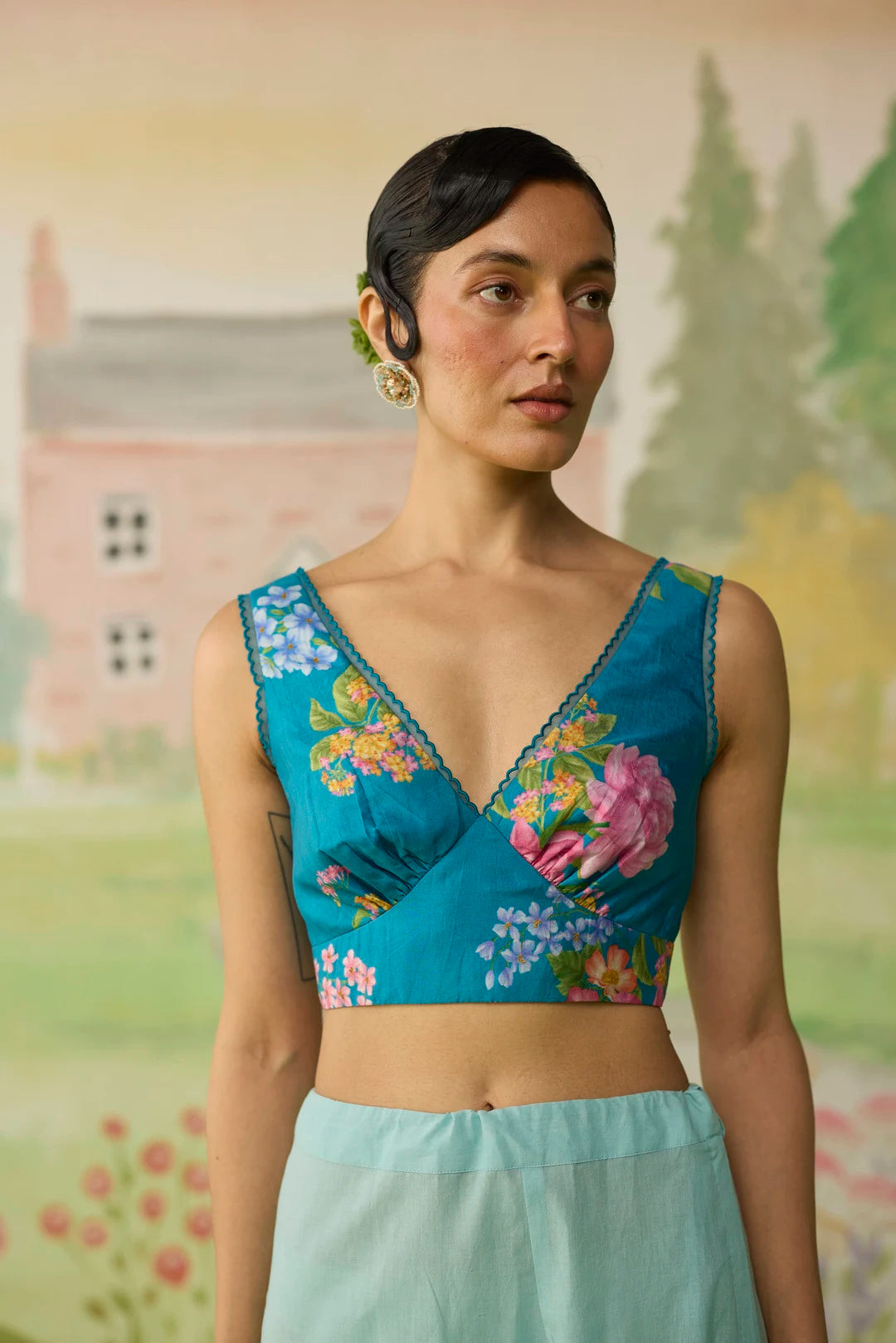 Teal Blouse Deep V Sleeveless