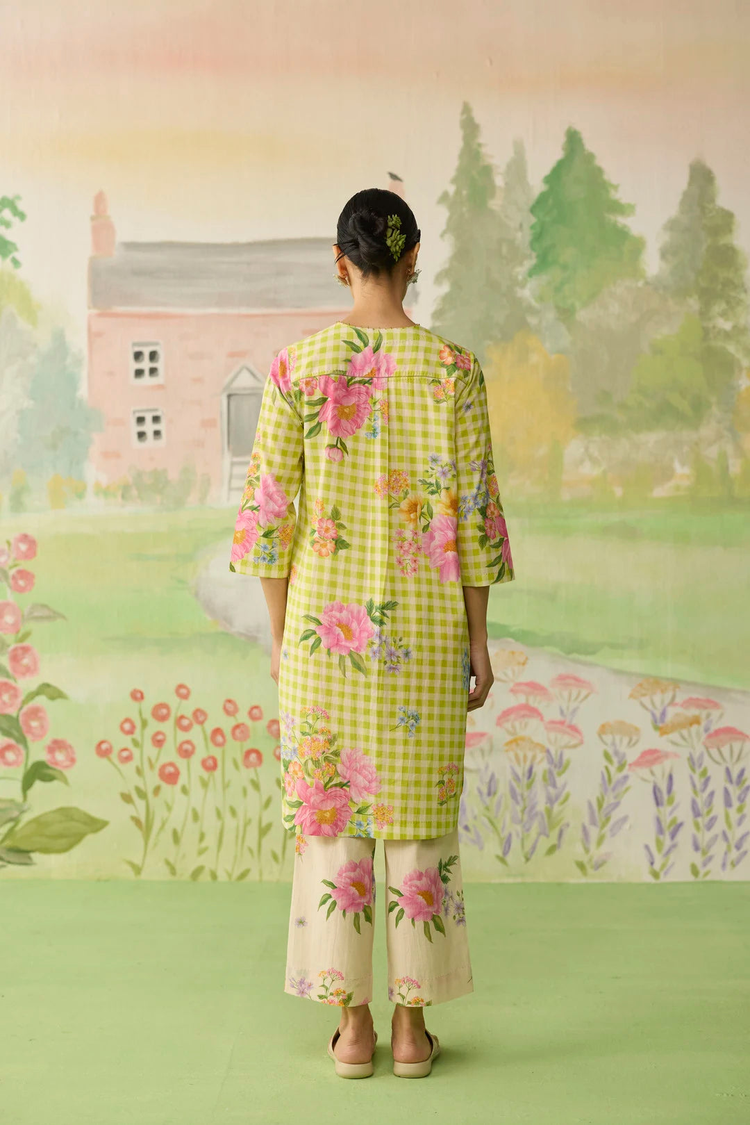 Lime Green Peony Mid Kurta Set