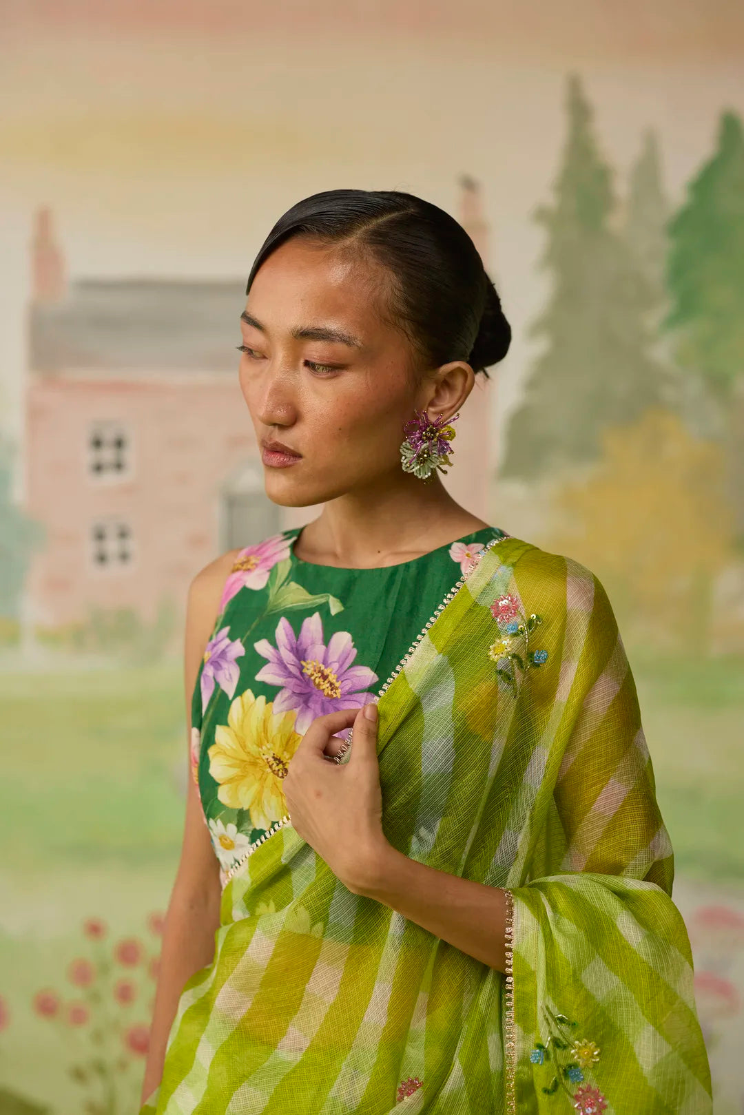 Trellis Green Kota Doria Silk Lehriya Mothra Sari
