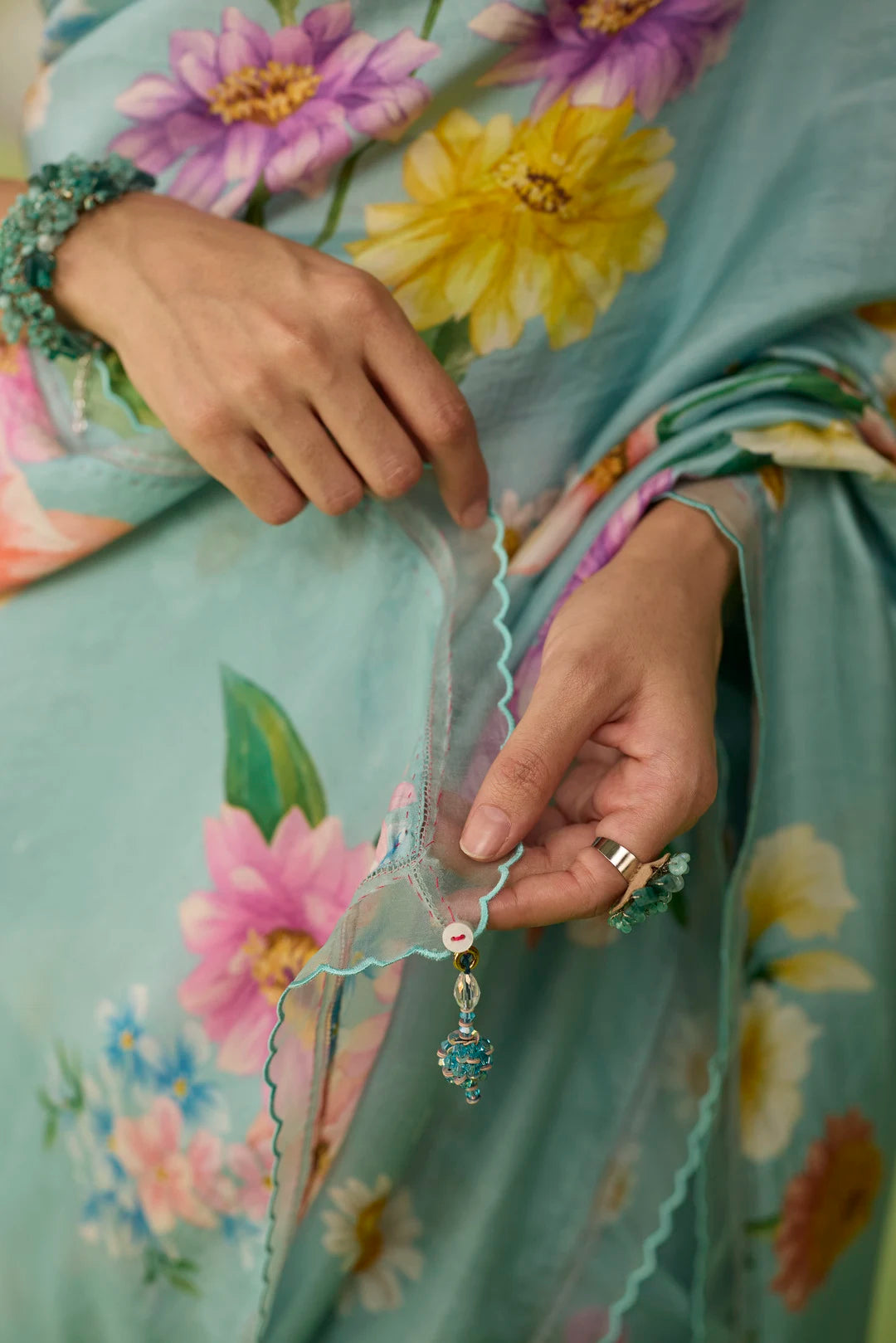 Aqua Daisy Mulberry Silk Sari