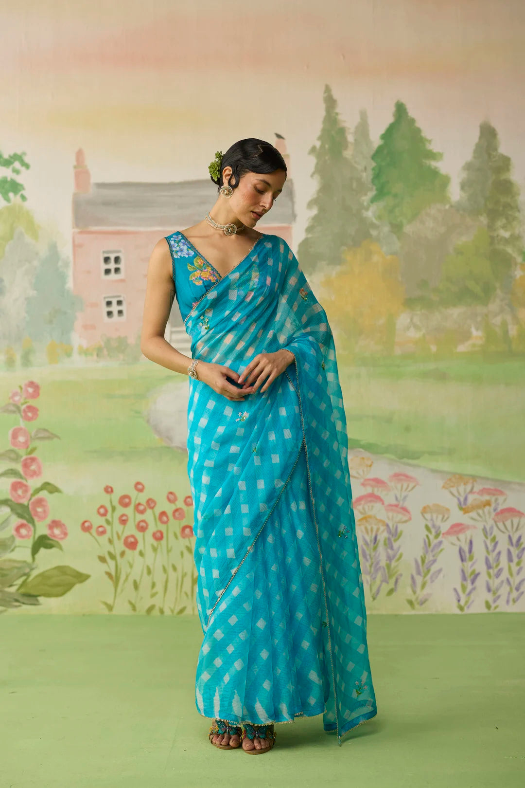 Trellis Blue Kota Doria Silk Lehriya Mothra Sari