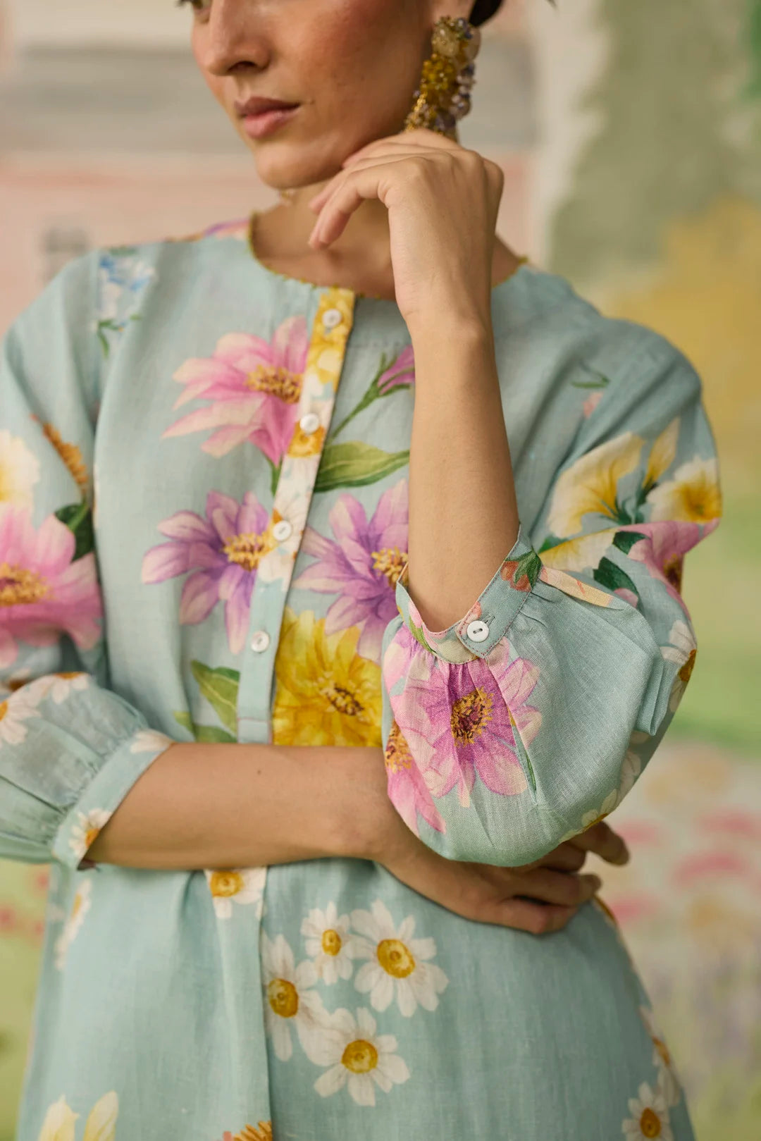 Aqua Daisy Long Kurta Set Linen