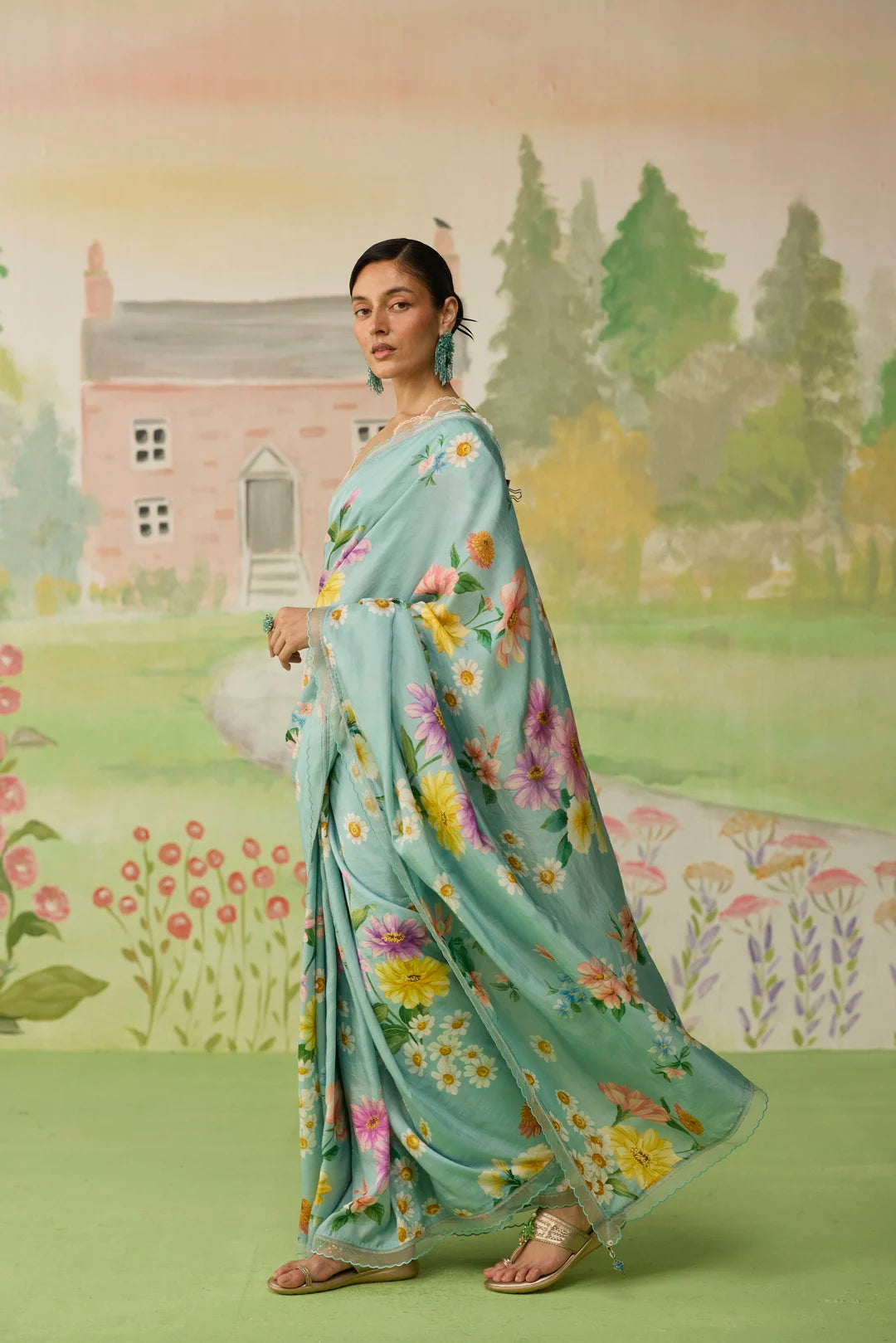 Aqua Daisy Mulberry Silk Sari