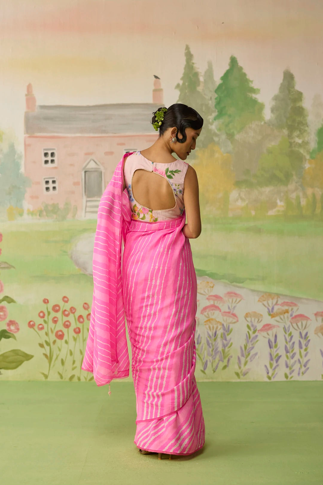 Blush Habutai Silk Lehriya Mothra Sari
