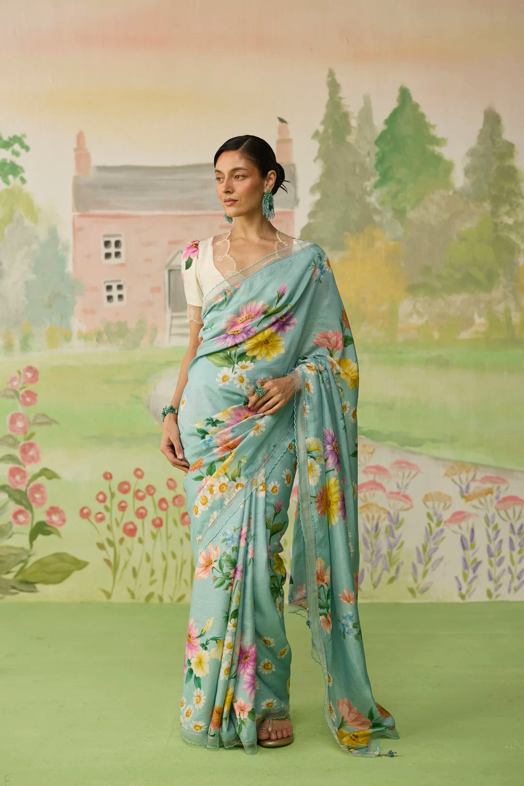 Aqua Daisy Mulberry Silk Sari