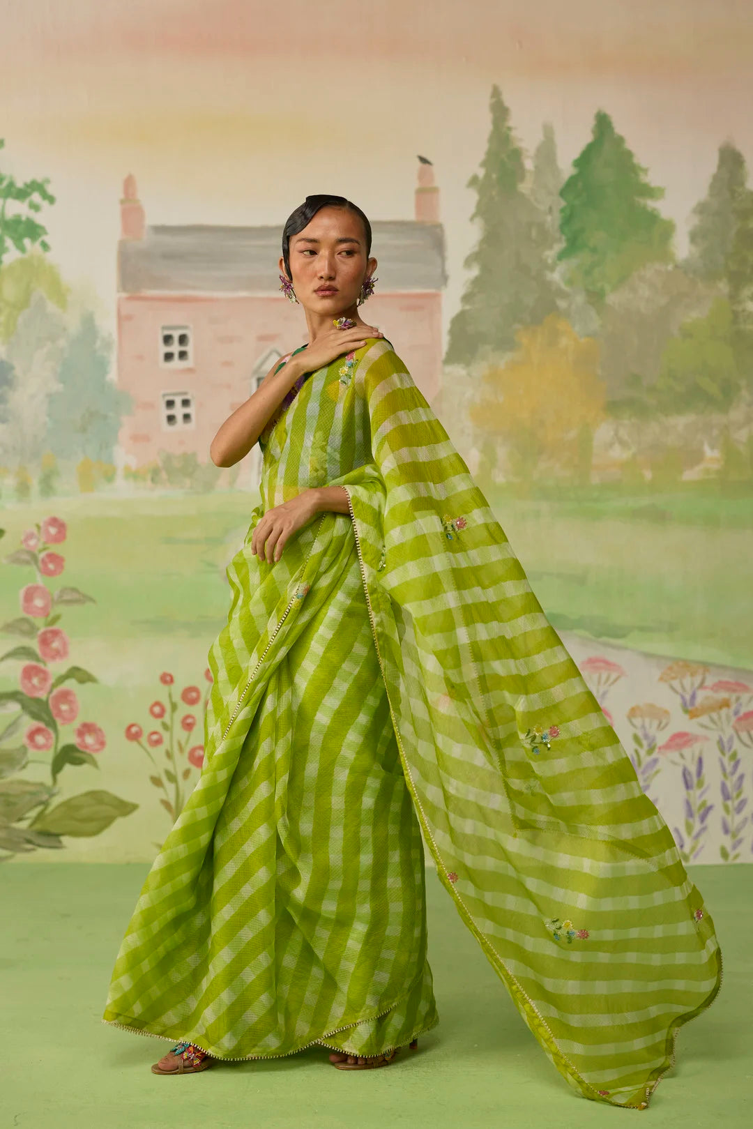 Trellis Green Kota Doria Silk Lehriya Mothra Sari
