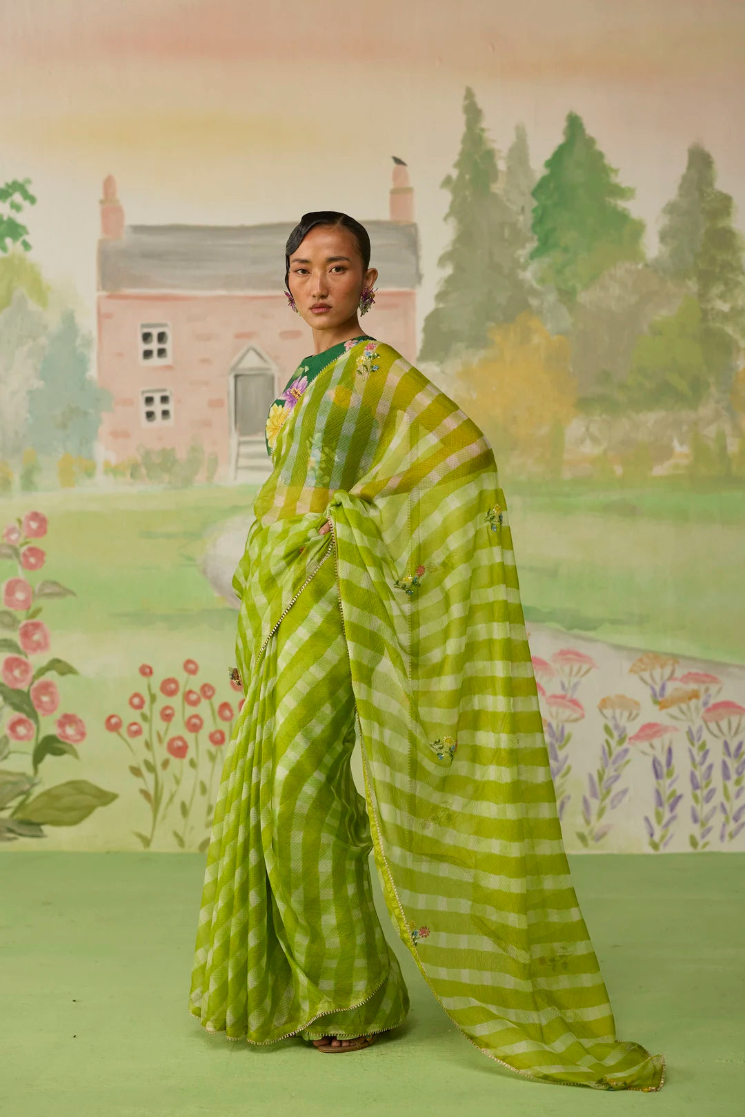 Trellis Green Kota Doria Silk Lehriya Mothra Sari