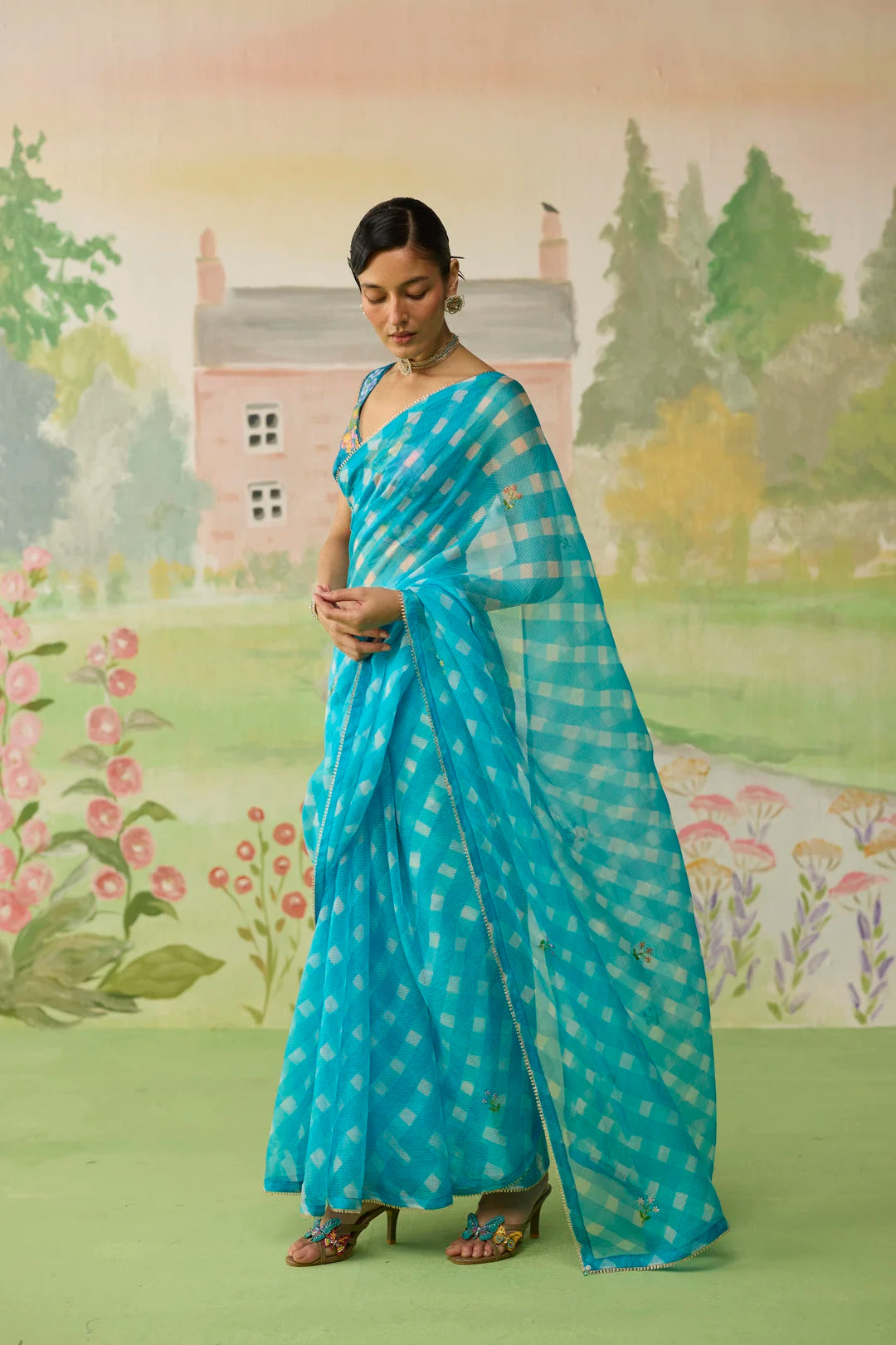 Trellis Blue Kota Doria Silk Lehriya Mothra Sari