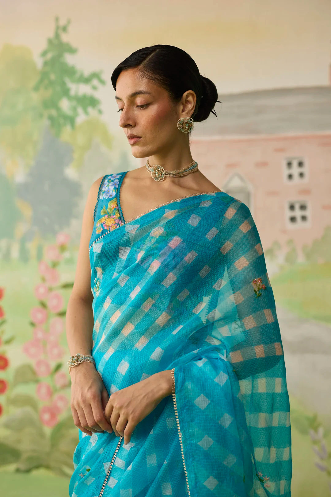 Trellis Blue Kota Doria Silk Lehriya Mothra Sari